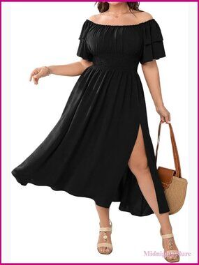 Plus Size Off Shoulder Ruffle Maxi Dress Wedding Guest Cocktail Slit Hem Flowy